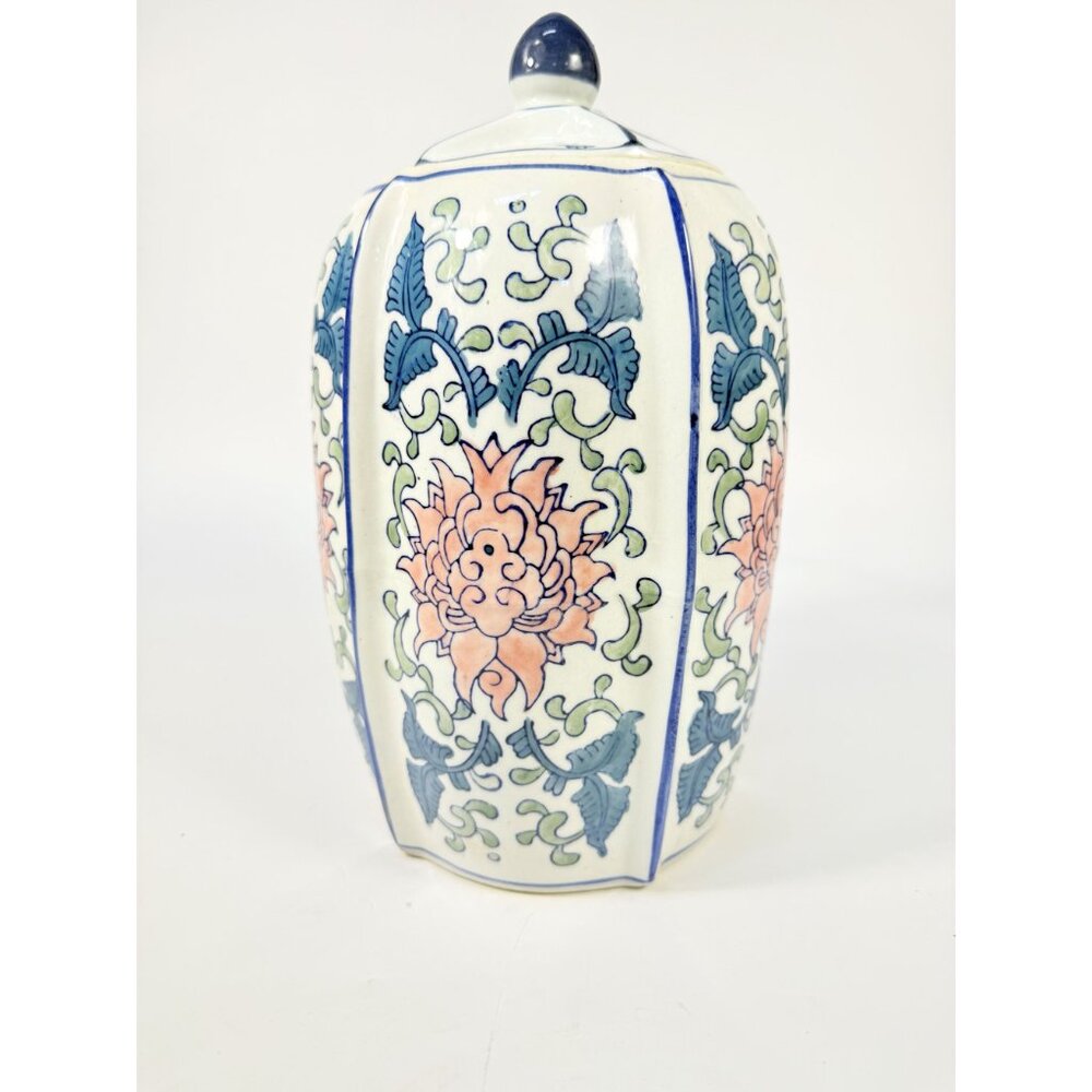 Ginger Temple Jar Lidded Vintage Chinoiserie Blue White Pink Rose pattern Home S - Picture 5 of 16